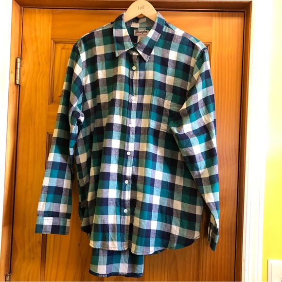 Vintage WRANGLER Made In USA Western Plaid Check Popper Button Long Sleeve Flannel Shirt